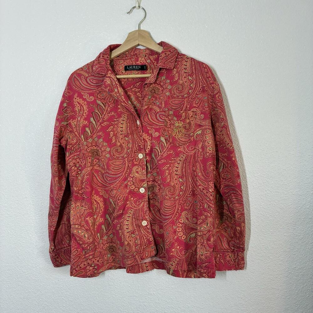 Lauren Ralph Lauren Pajama Top Womens M Red Paisley Button Front Crest Logo